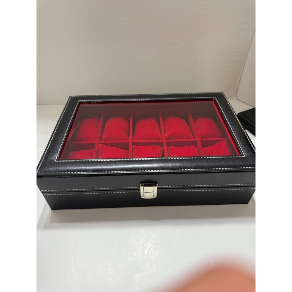 Watch Box, 12-Slot Watch Case Organizer with Large Glass Lid, Removable Pillows